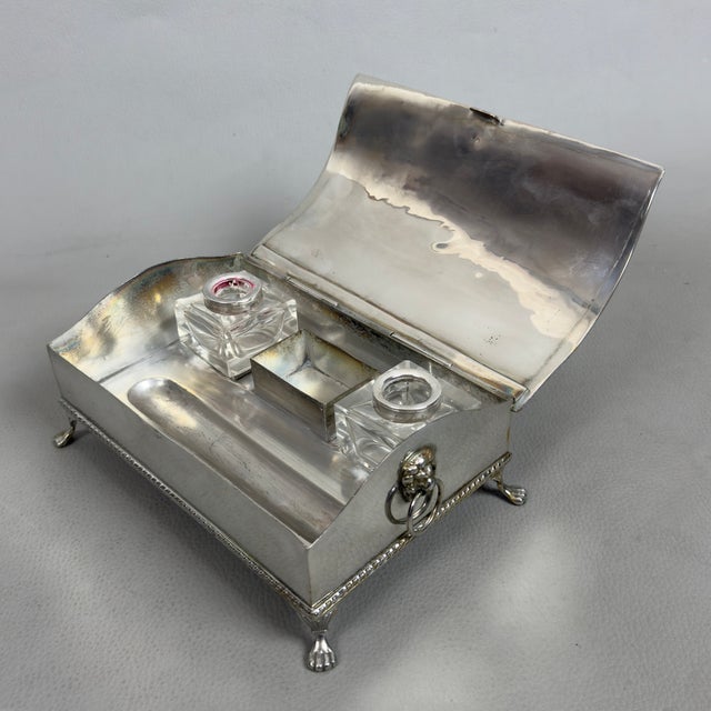 Glass Antique Inkwell Writing Desk in Silver Plated Metal from Leoni W.T. & Co For Sale - Image 7 of 14