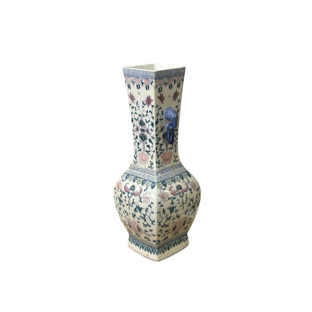 Traditional Vintage Oriental Porcelain White Blue Pink Color Flower Bats Graphic Art Vase For Sale - Image 3 of 10