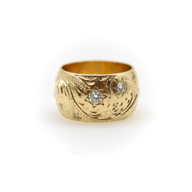 Victorian Late 19th Century Victorian 14k Gold Hand-Engraved Celestial Themed Band or Ring With Diamonds, Size 6 For Sale - Image 3 of 9