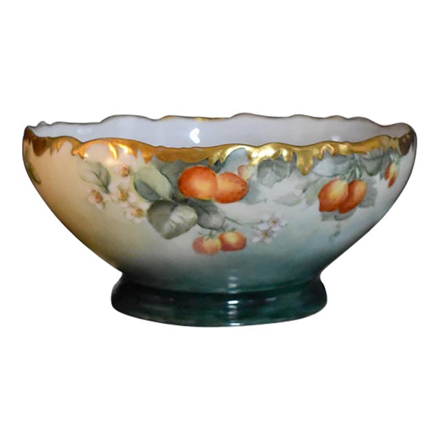 Antique T&v Limoges France Porcelain Bowl Hand Painted Strawberries Gold 1907 For Sale