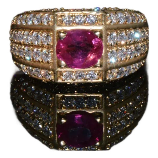 Certified Natural 2.81Cts VS F Diamond Vivid Red Ruby 18K Solid Gold Cigar Ring Band, size 6.5 For Sale