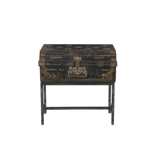 This Vintage Indian Painted Iron Traveling Case on Iron Legs is constructed from painted iron, featuring a gracefully...