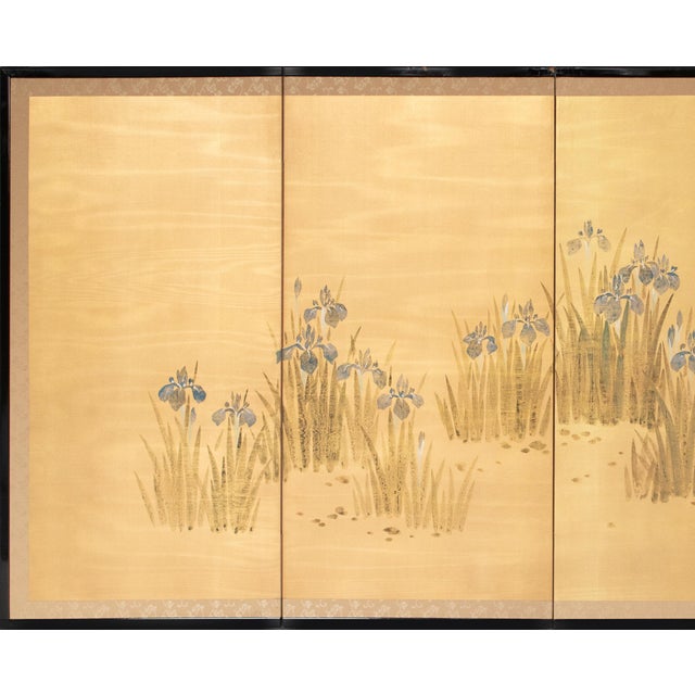 Lovely and elegant vintage 4-panel Japanese Byobu (folding screen) depicts Iris Flowers and Kingfisher on gold background,...