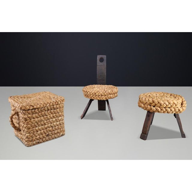 Vintage French Rope Chair with Stool and Basket from Audoux Minet, 1960s, Set of 3 For Sale - Image 4 of 15