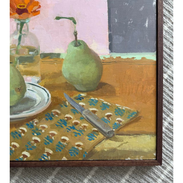 Two Pears and an Orange Zinnia, Contemporary Still Life Painting, Framed For Sale - Image 4 of 4
