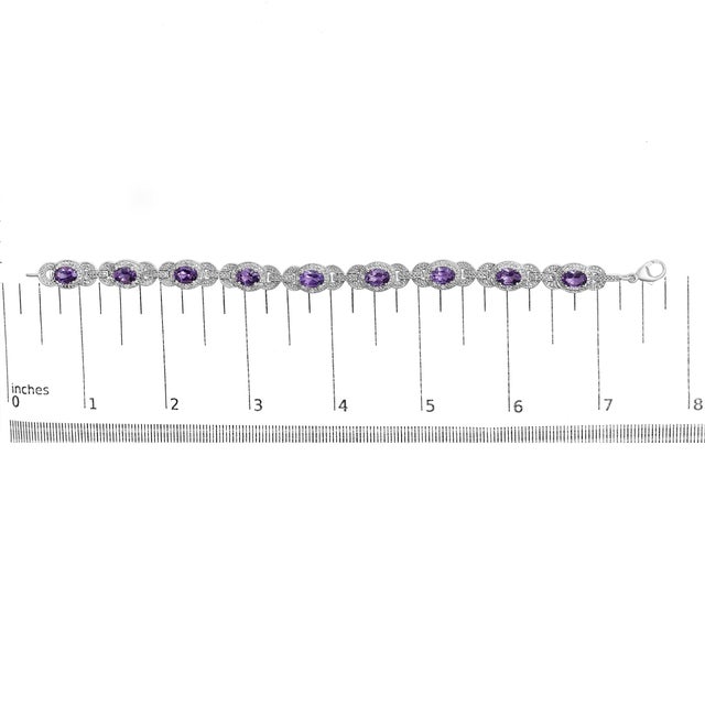 Metal Sterling Silver Oval Purple Amethyst and Diamond Interlocking Halo Link Bracelet For Sale - Image 7 of 7