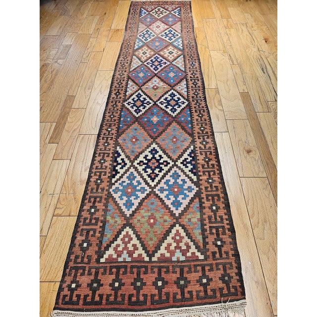 Antique Persian Varamin Kilim Runner, Handwoven Wool, Caucasian Geometric Pattern, 3x12 For Sale - Image 9 of 17