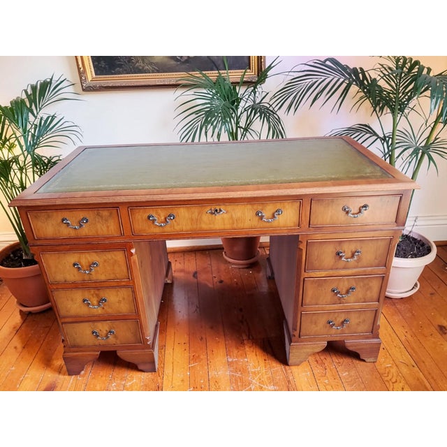 Antique Twin Pedestal Desk in Yew Wood with Leather Top, 1980s For Sale - Image 10 of 18
