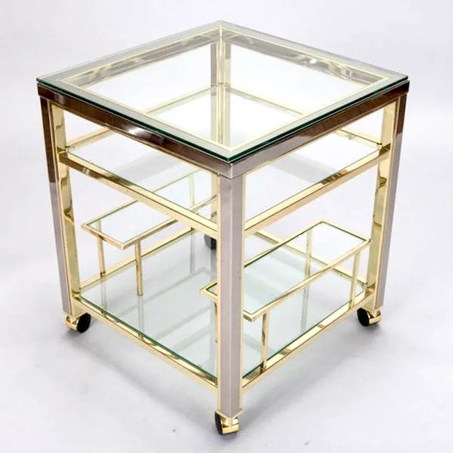 Mid-Century Modern Mid-Century Modern Brass and Glass Trolley Table Gold Bar Cart For Sale - Image 3 of 5