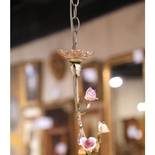Cream Early 20th Century French Floral Porcelain and Crystal Five-Light Chandelier For Sale - Image 8 of 9
