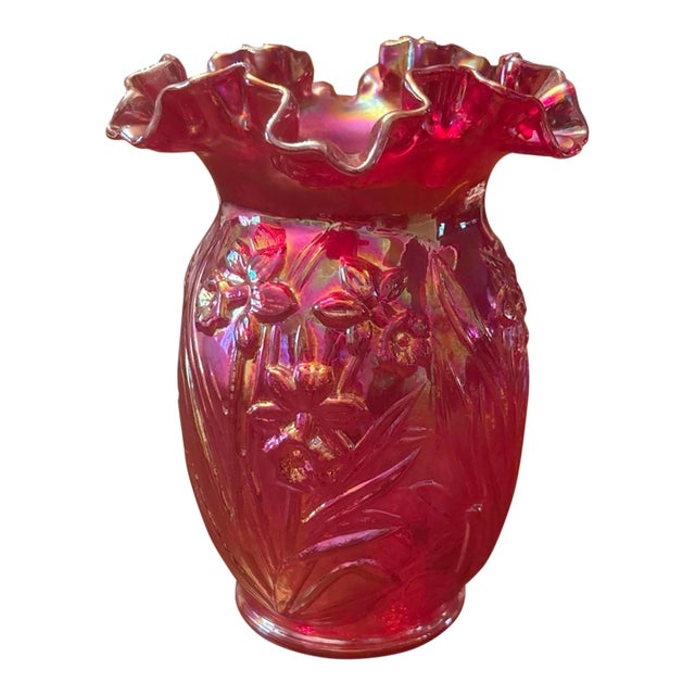 Fenton Iridescent Red Cranberry Daffodil Vase For Sale