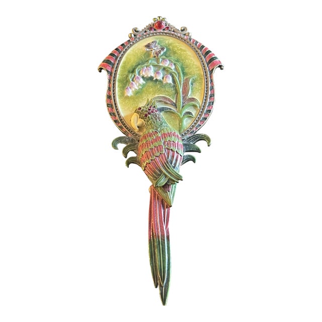 Antque Cloisonné Jay Strongwater Style Hand Mirror With Partrot For Sale