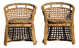 Pair of 1970s Modern Organic Bamboo/Rattan Lattice Chairs