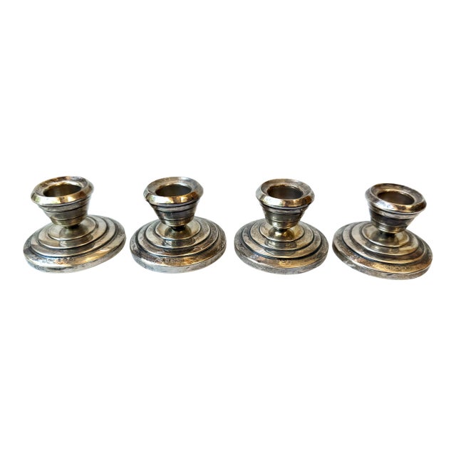 Antique English Sterling Silver Low Candlesticks – Set of 4 – Birmingham Hallmarked For Sale