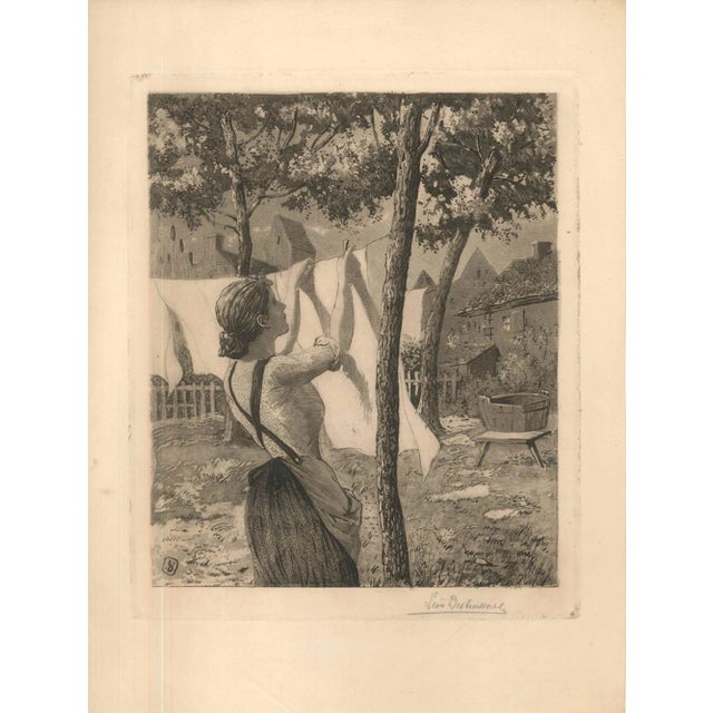 Woman Hanging Laudry - Original Etching by L. Desbuissons - 1904 1904 For Sale