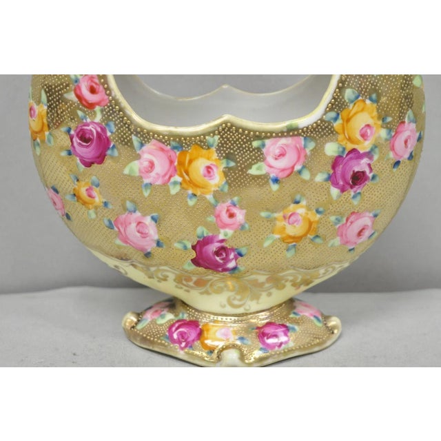 Antique Japanese Nippon Hand Painted Porcelain Gold Gilt Handle Moon Basket Vase For Sale - Image 14 of 17