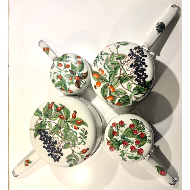 Metal Vintage Limoges Nesting Porcelain & Aluminum Cookware Complete Set of Four – Botanical Berry Motif For Sale - Image 7 of 14