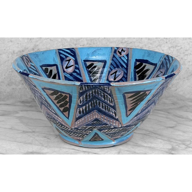 1970s Vintage 16" Abstract Blue Art Pottery Centerpiece Bowl For Sale - Image 5 of 8