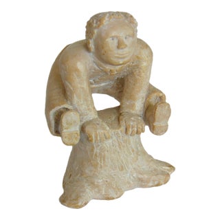Vintage Hand Carved Soapstone Man Jumping Over Tree Stump Sculpture 5.25"h 1969 Folk Art For Sale