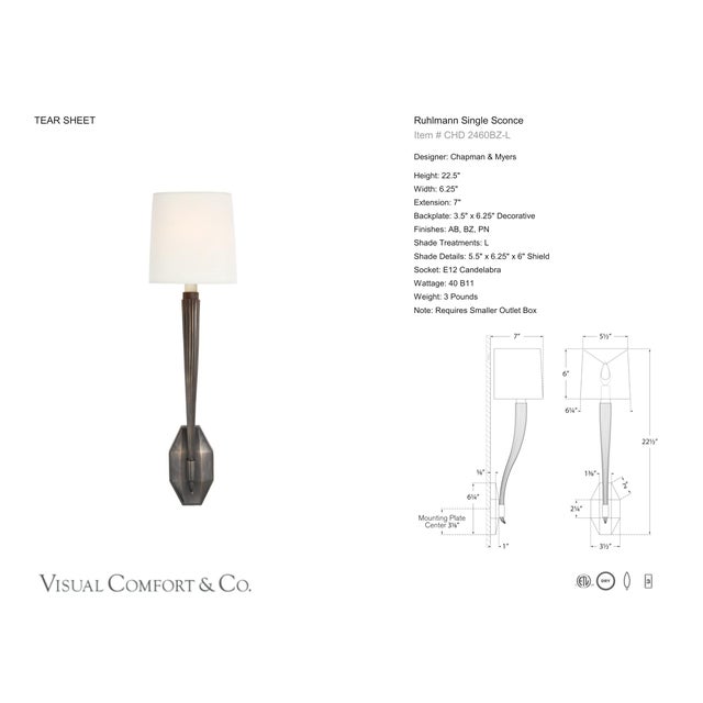 Modern Chapman & Myers for Visual Comfort Signature Ruhlmann Single Sconce in Bronze with Linen Shade For Sale - Image 3 of 5