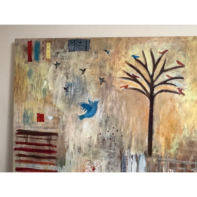 Contemporary Yellow Spruce Series Hummingbirds" by Pamela Smilow. Warm and Joyful XLarge Painting Full of Birds and Whimsy For Sale - Image 3 of 4