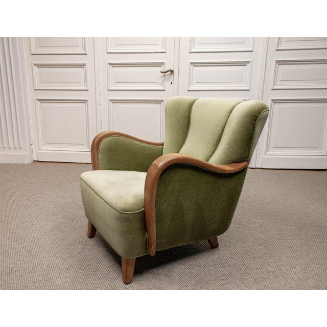 Green Vintage Danish Lounge Chair in Green Velvet, 1950s For Sale - Image 8 of 11