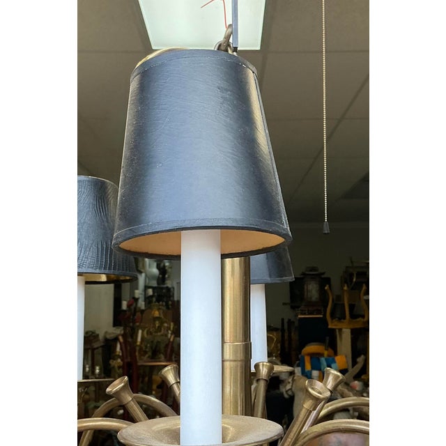 Chapman Manufacturing Company English Hunt Equestrian Style French Brass Horn Chandelier Att. To Chapman - 6 Arm For Sale - Image 4 of 5