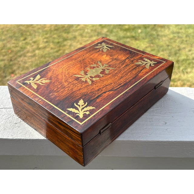 English 19th C. English Walnut Box With Brass Inlay and Fine Paper Lining For Sale - Image 3 of 10