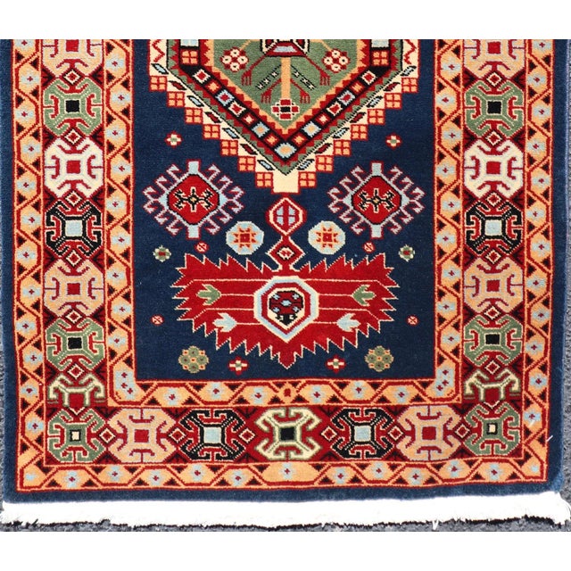 Geometric Vintage Caucasian Rug With Tribal Geometric Medallions in Blue and Red For Sale - Image 10 of 12