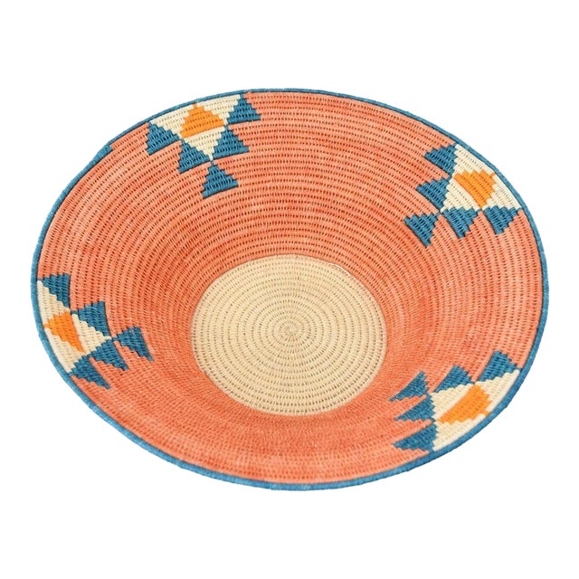 Early 20th Century Sisal Handwoven Orange and Teal Basket Eswatini 13inch For Sale