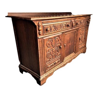 Early 20th Century Antique Carved Solid Oak Spanish Revival Buffet Sideboard or Credenza For Sale