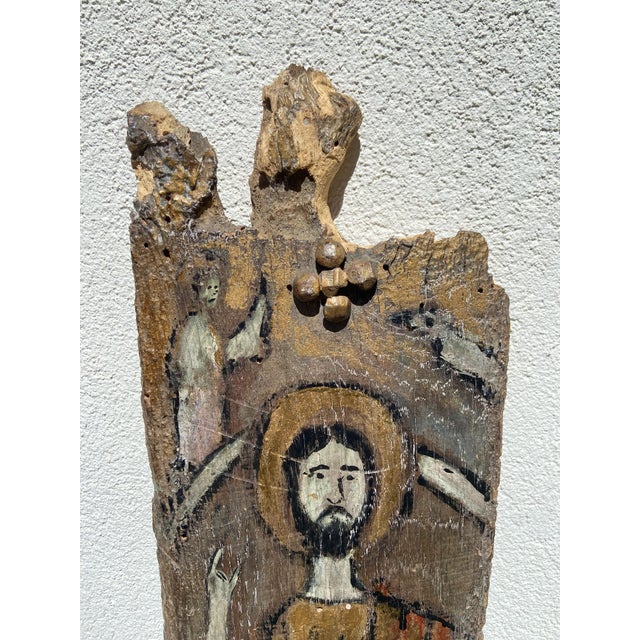Primitive Folk Religious Panel on Weathered Wood, 1890s For Sale - Image 3 of 7