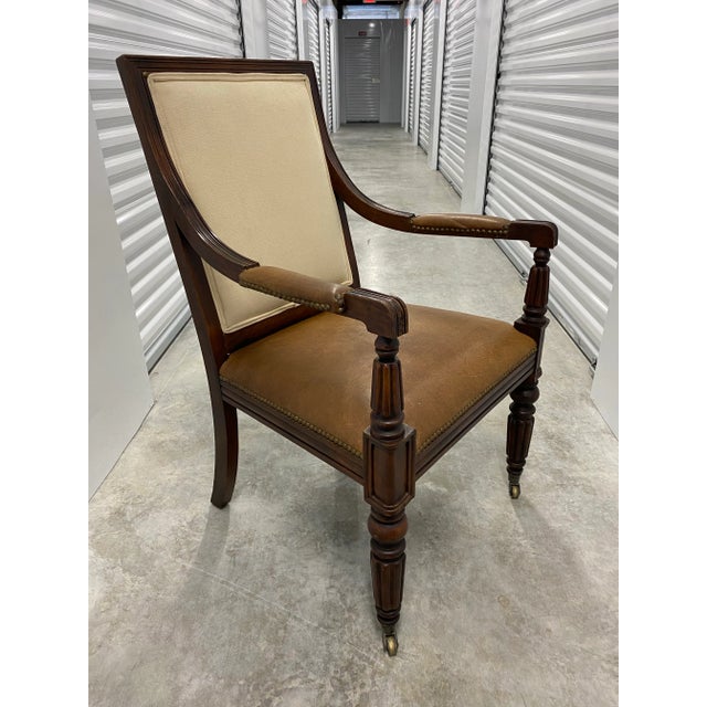 Polo Ralph Lauren Classic Vintage Carved Wood Accents Arm Chairs With Traditional Cognac Leather Seats - A Pair For Sale - Image 11 of 11