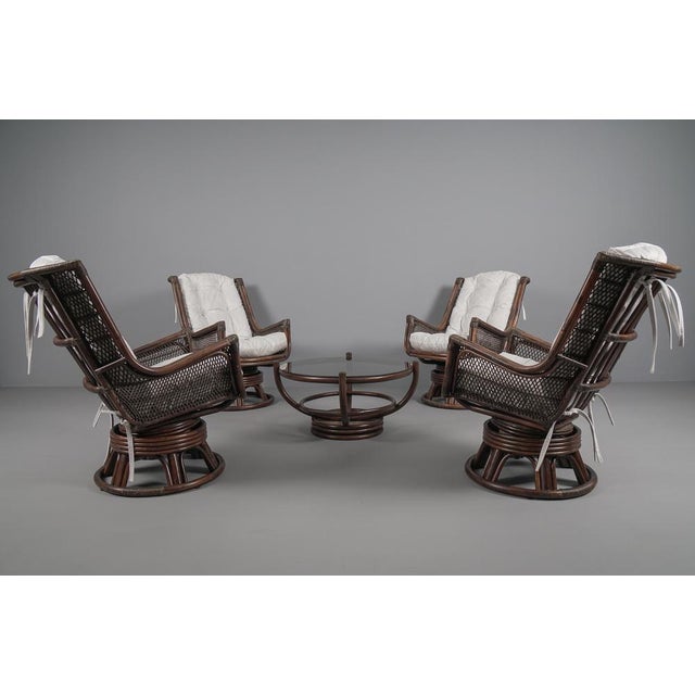 Rattan Rotating and Tiltable Armchairs, Stool & Coffee Table, Italy, 1960s, Set of 6 For Sale - Image 4 of 18