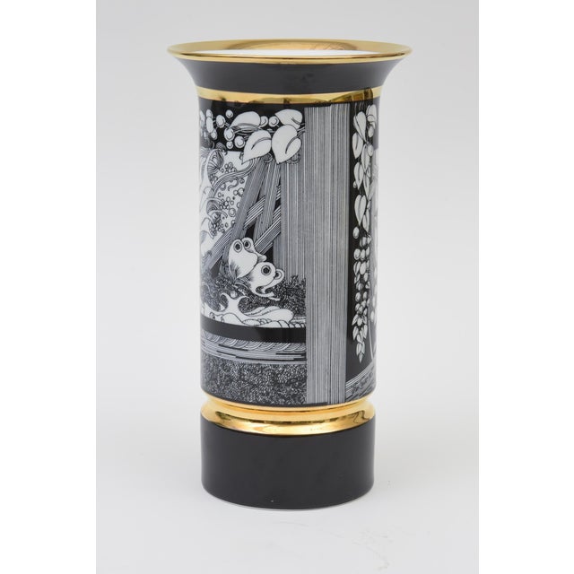 Black Vintage Signed Hungarian Porcelain Adria Vase, 1992 Fornasetti Style, Black, Gold and White For Sale - Image 8 of 10