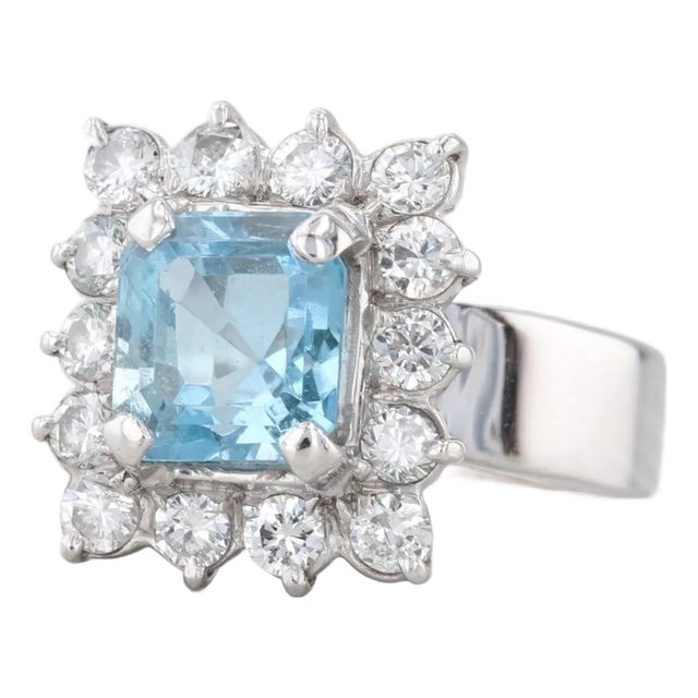 1.30ctw Aquamarine Diamond Halo Ring 18k White Gold Size 5.75 - 6 For Sale