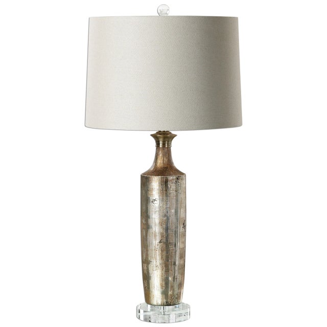 Textured Ceramic Base Finished In A Metallic Bronze Glaze Accented With Crystal Details. The Slightly Tapered Round...