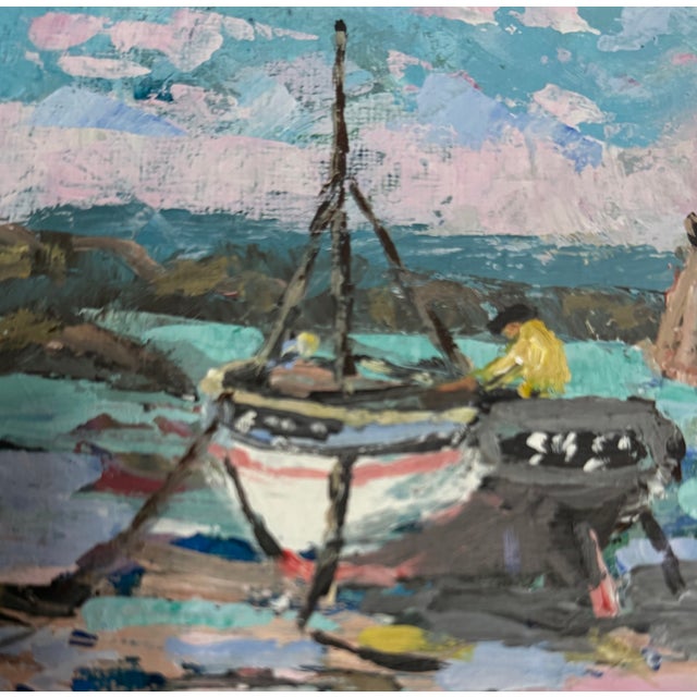 2000 - 2009 Vintage Fanch Lel Sail Boat on the French Coast Original Oil and Gouache Painting, Framed For Sale - Image 5 of 11