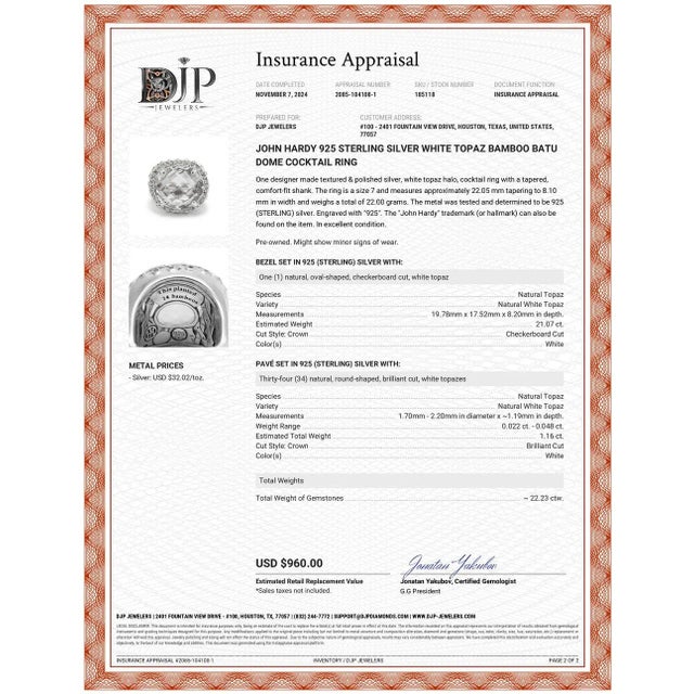 Metal John Hardy 925 Sterling Silver White Topaz Bamboo Batu Dome Cocktail Ring Size 7 For Sale - Image 7 of 7