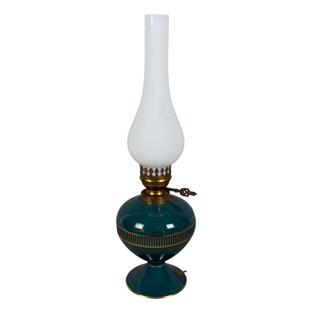 Green Florentine Porcelain Table Lamp with Opaline Glass For Sale