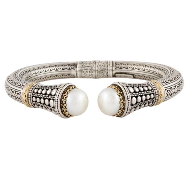 Art Deco 2020s Konstantino Cuff Sterling Silver 925 18k Gold 750 Natural Cultured Pearl Filigree Hinged One Size Opens For Sale - Image 3 of 5