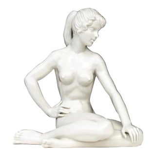 Vintage German Porcelain Seated Nude Female Sculpture White Glazed Figurine For Sale