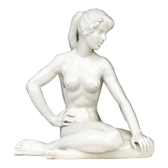 Vintage German Porcelain Seated Nude Female Sculpture White Glazed Figurine For Sale