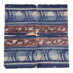 18th Century Antique Portuguese Set of Four Blue, White and Brown Spongeware Baroque Tiles