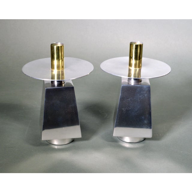 Metal Seven (7) Chrome & Brass Mid-Century Candlesticks For Sale - Image 7 of 12