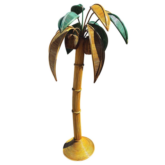 Original late 1960s life-size six-foot-tall palm tree floor lamp sculpted from stick rattan and wicker with removable...