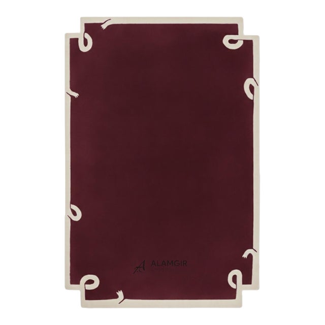 Hand-Tufted New Zealand Wool Rug in Rich Burgundy With Ivory Border For Sale