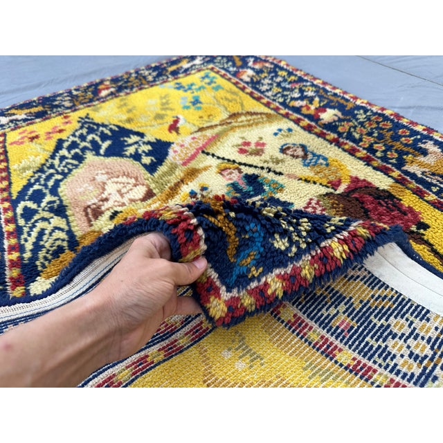 Gold & Navy Pictorial Hunting Scene Hand-Knotted Wool Rug - 3'1" X 4'6" For Sale - Image 10 of 10