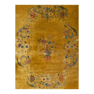 1920s Yellow Gold Floral Vase Antique Chinese Art Deco Carpet 8'8" X 11'4" Knotted Wool Rug For Sale