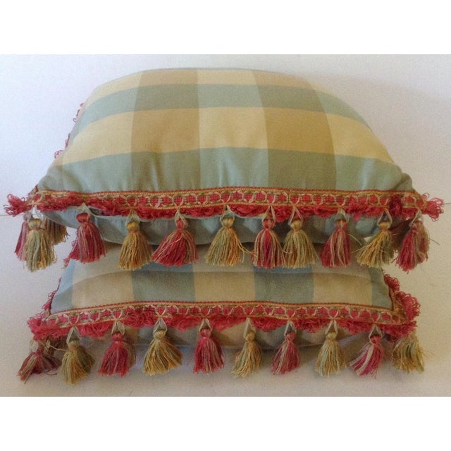 Rustic Plaid Pillows With Tassels - A Pair For Sale - Image 3 of 3